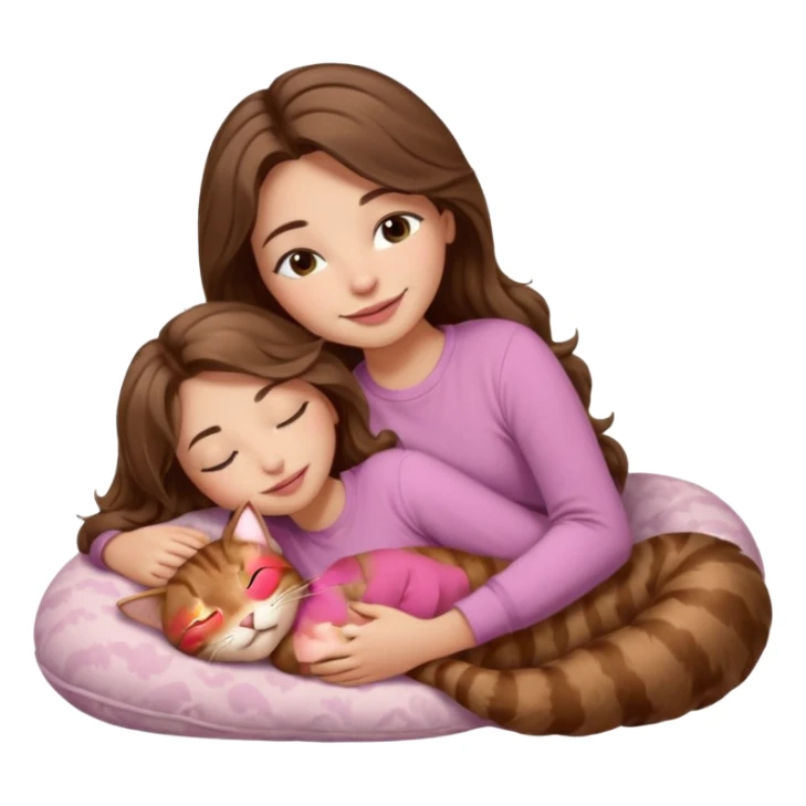 girl with wavy long brown hair, brown eyes, light to medium complexion, long lashes, light pink lipstick, smiling, wearing light pink shirt, sleeping on a cozy pillow, cuddling a brown tabby cat  sticker