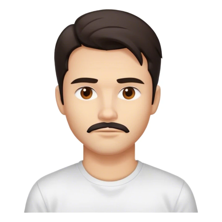 The person has a medium complexion, slightly tousled dark hair, well-defined facial features with a strong jawline, light facial hair, full lips, and a neutral expression. They are wearing a white T-shirt against a plain background.
 sticker