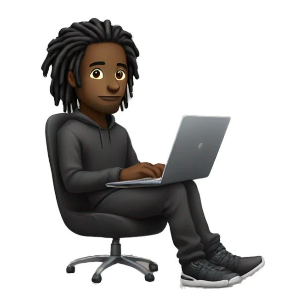 Black-guy-with-dreads-wearing-black-trackstuit-sitting-down-on-chair facing-foward-focused-on-laptop-computer- sticker