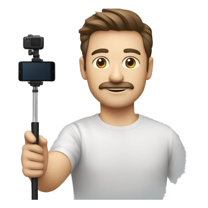 man brown hair, light skin, fine mustache, round face, cameraman with mobile phone and selfie stick. sticker
