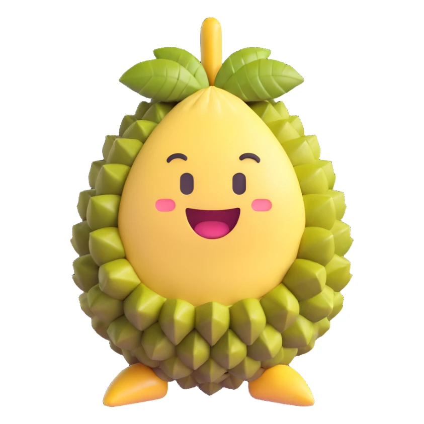 Remove all facial features and expressions from the durian character, keeping the same 3D emoji style, shape, and color characteristics as the reference image. Do not add any emoji or facial symbols. sticker