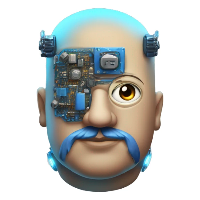 Fat bald cyborg head with tan skin, blue beard, blue steampunk goggles and circuits sticker