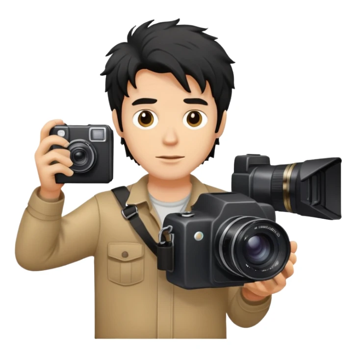 a white man with black messy hair holding a photo camera sticker