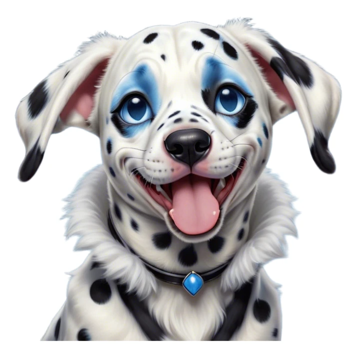 Cinematic Cute Yawning Harlequin Dalmatian Portrait Emoji, Head tilted slightly with a dramatic, wide-open yawn, showcasing a smooth Fur of predominantly white with bold black patches, floppy ears slightly drooping, round blue eyes barely open in drowsy contentment, Simplified yet irresistibly adorable features, highly detailed, glowing with a soft, cozy glow, high shine, relaxed yet expressive, stylized with a touch of whimsy, bright and endearing, soft glowing outline, capturing the essence of a sleepy yet affectionate guardian, so drowsy it feels like it could stretch out of the screen and curl up for a nap! sticker