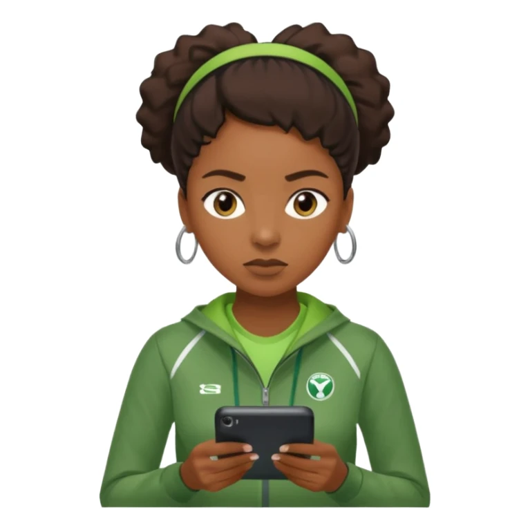 A calm black female coach with folded arms, analyzing the game with sharp focus, green clothes sticker
