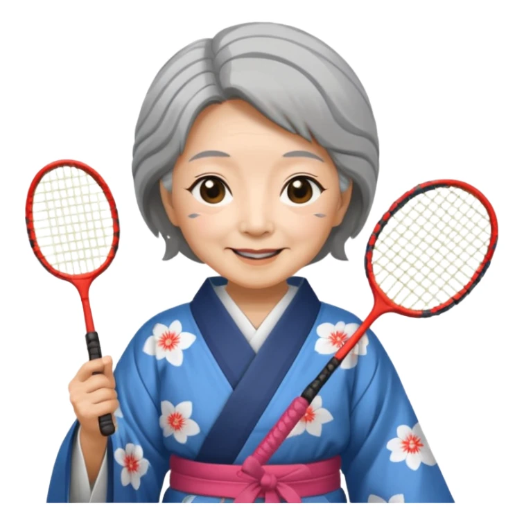 ancient japanese old woman with 1 badminton racket sticker
