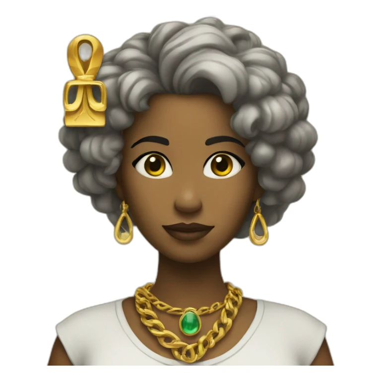Valérie with a gold necklace with ankh sticker