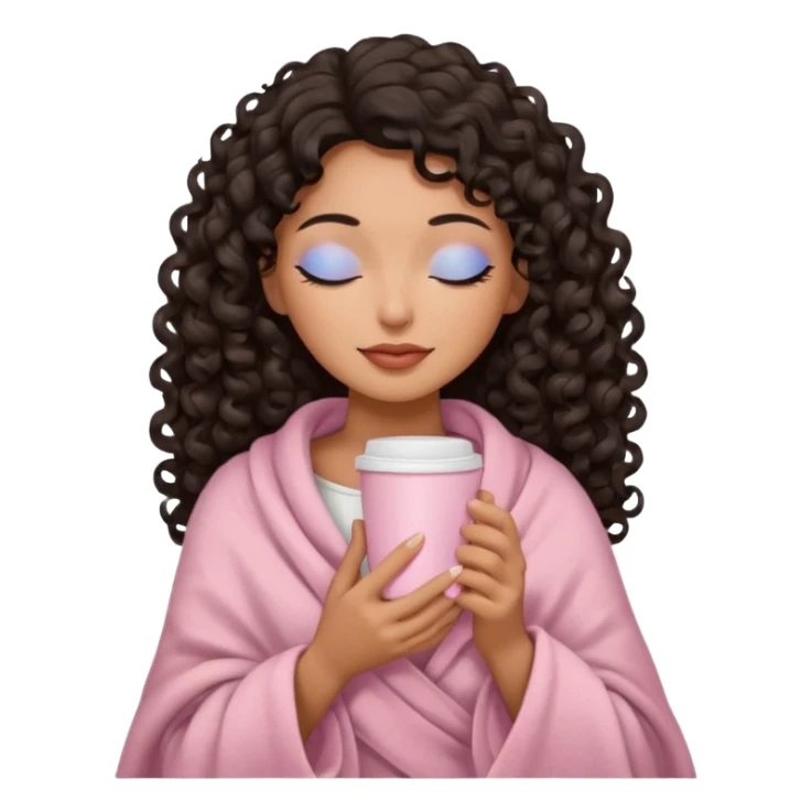 hispanic woman, deep tan skin, black long 3b curls, closed eyes, feminine face, holding soft pink coffee cup with beige blanket over shoulders sticker