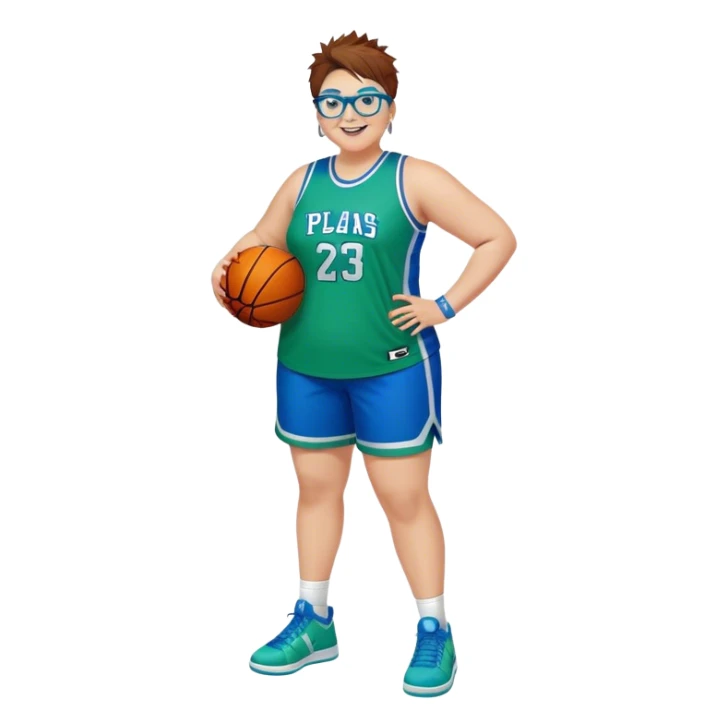 Full Body plus size white female basketball player with short medium brown hair with short spike hair wearing blue glasses 
With a small wide nose wearing blue green uniform  green sneakers smiling wearing silver hoop earrings sticker