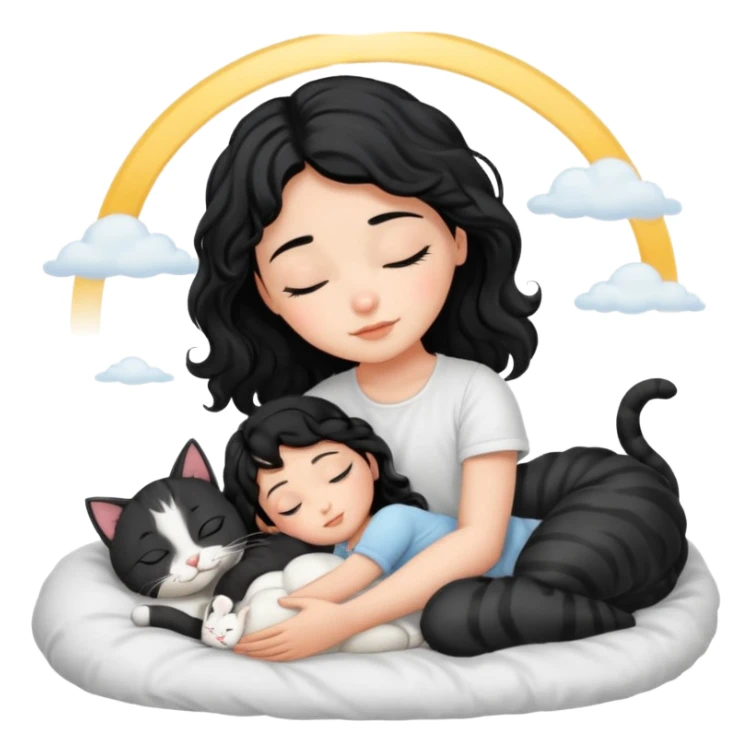angelic sleeping black wavey hair girl in the bed with her cats sticker