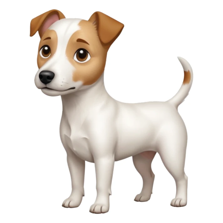 a full body white jack russel looking dog the size of a kelpie with light brown ears and a light brown patch on one eye and a large snout sticker