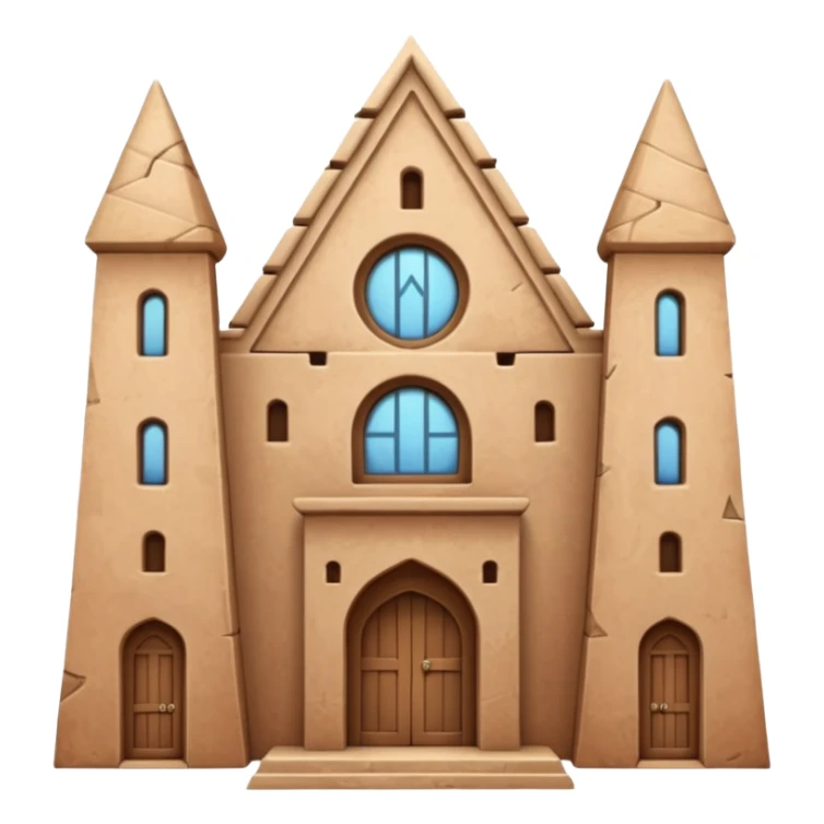 large ancient adobe building, front view, tall uneven towers, textured adobe walls, triangular window patterns, focus on scale and authentic architectural details, no central door, no sky or sunset sticker