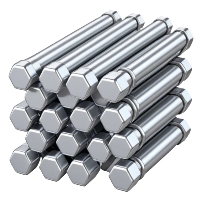A bundle of thin uranium fuel rods used in a nuclear reactor, with a metallic silver or gray structure, cylindrical and slender rods, arranged in a hexagonal grid, realistic and industrial style, no green color, only metallic shades sticker