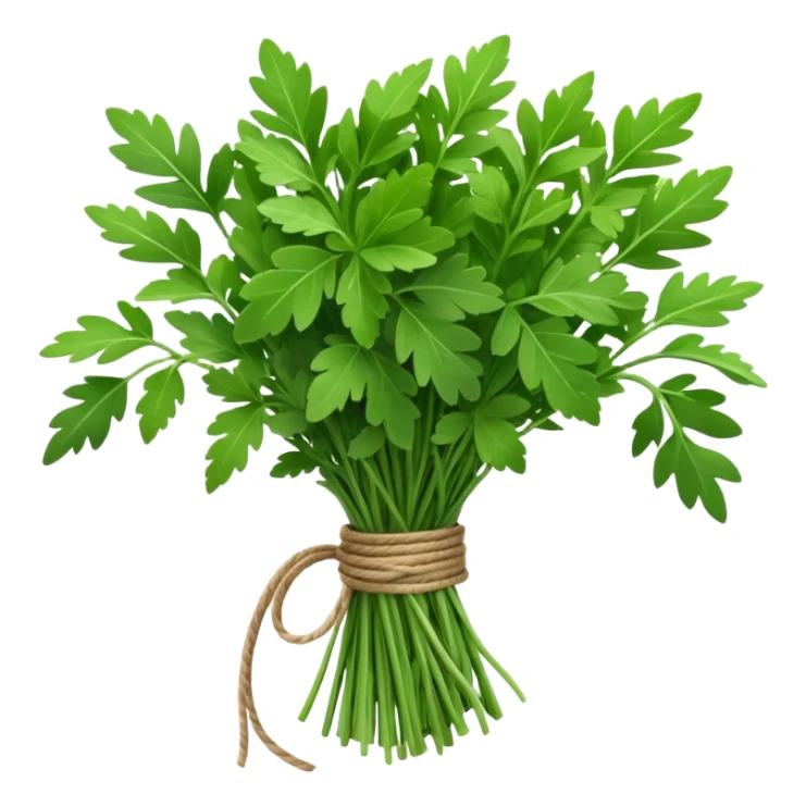 bundle of fresh herbs (thyme, bay, parsley), tied with string, green leaves with texture and color variation, neat bundle, clean 3D rendering, soft light, subtle shadow, no background elements, no anthropomorphic features, emoji scale sticker