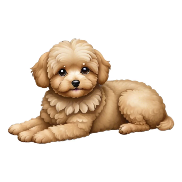 Tan maltipoo dog laying on a gray couch sticker