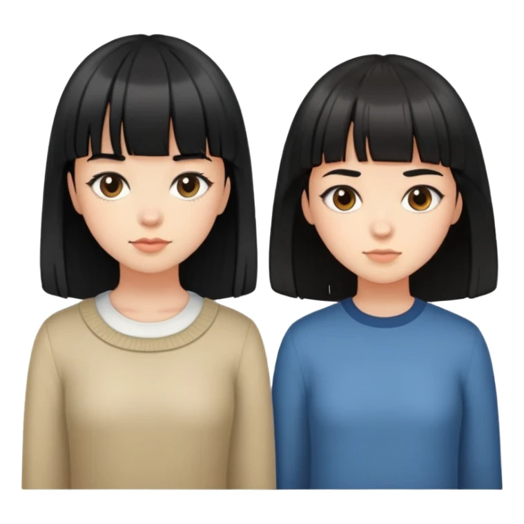 Two black-haired girls with bangs standing side by side - one with long hair and one with short hair sticker