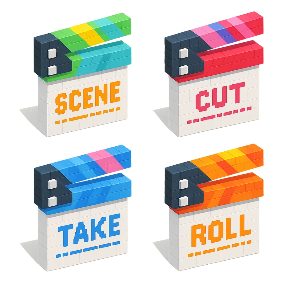 isometric view collection of movie clapperboards in voxel style, each with different colorful lids and unique text sticker