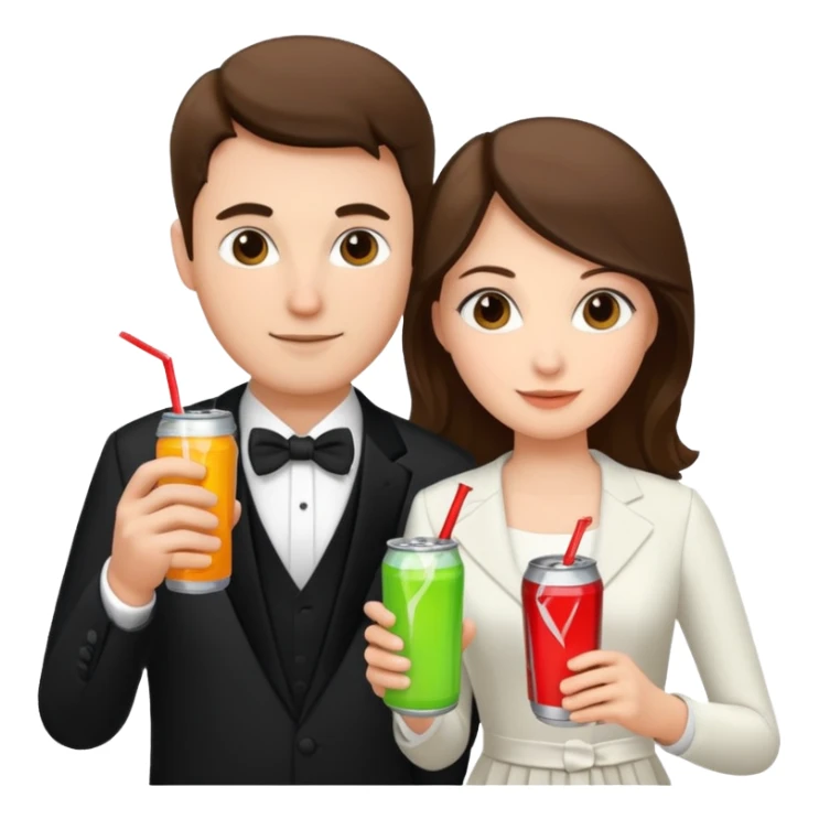 husband and wife at wedding holding energy drinks sticker