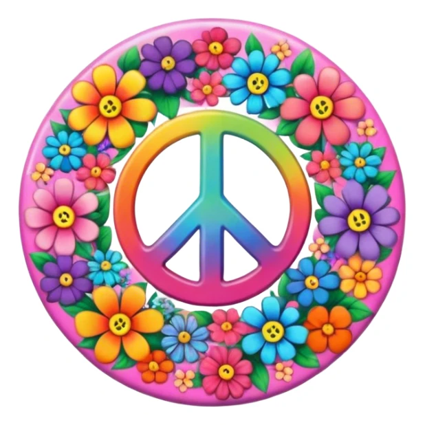 A round psychedelic colored button with a peace sign and flowers in the center sticker