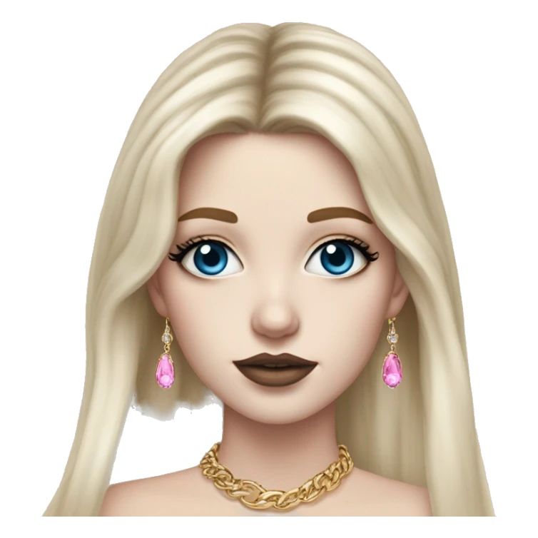 Hyperrealistic pale white girl with blue eyes and long black hair with pink fringe. Wearing gold chain necklace, gold diamond earrings and has dark eye makeup on her eyes sticker