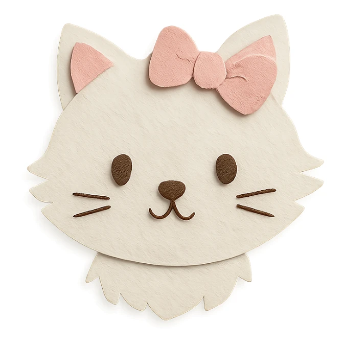 cute fluffy white kitten with a light pink bow, paper craft style sticker