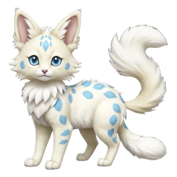 Albino-white, blue-eyed soft natural realistic romantic vintage antique divine beautiful elegant pretty precious cute young youthful  Fakémon-Pokémon-feline-Zeraora-Jolteon-serval-caracal-chinchilla-Minccino-Cinccino-Meowstic-rodent-hybrid-creature with a big fluffy bushy tail (full body) sticker