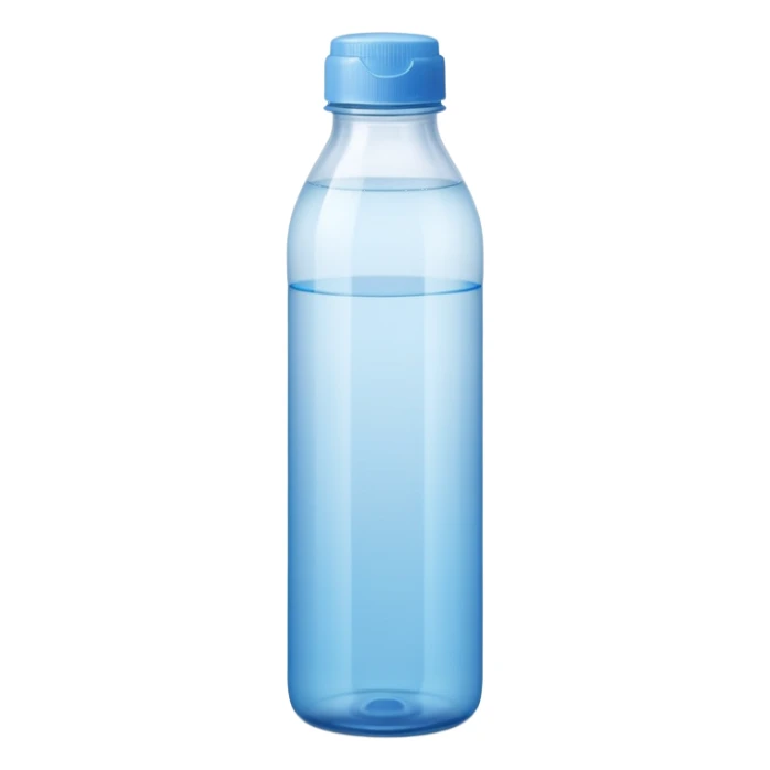 tall translucent plastic bottle with smooth curves and slightly tinted blue or white cap, filled with clear liquid, clean minimal design, no label, no measuring cap, no drops, no extras, sealed bottle, soft lighting, subtle shadows, emoji scale sticker