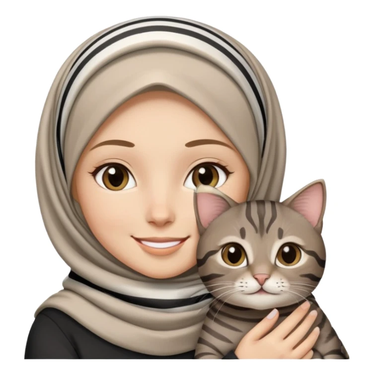 White girl wearing hijab smiling while holding a black grey brown stripes tabby cat sticker