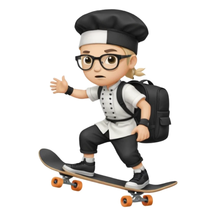 ["An angry boy with light skin, ponytail, wearing a chef hat and square glasses, dressed in goth fashion, is skateboarding while holding a backpack."] sticker