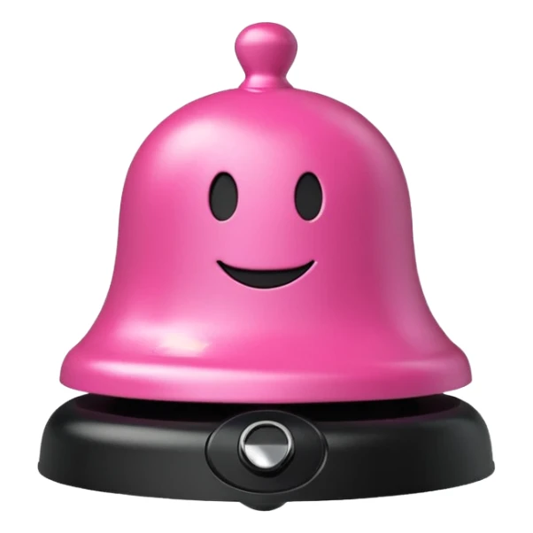 pink call bell with black base and silver push knob on top and with smiley face on it sticker