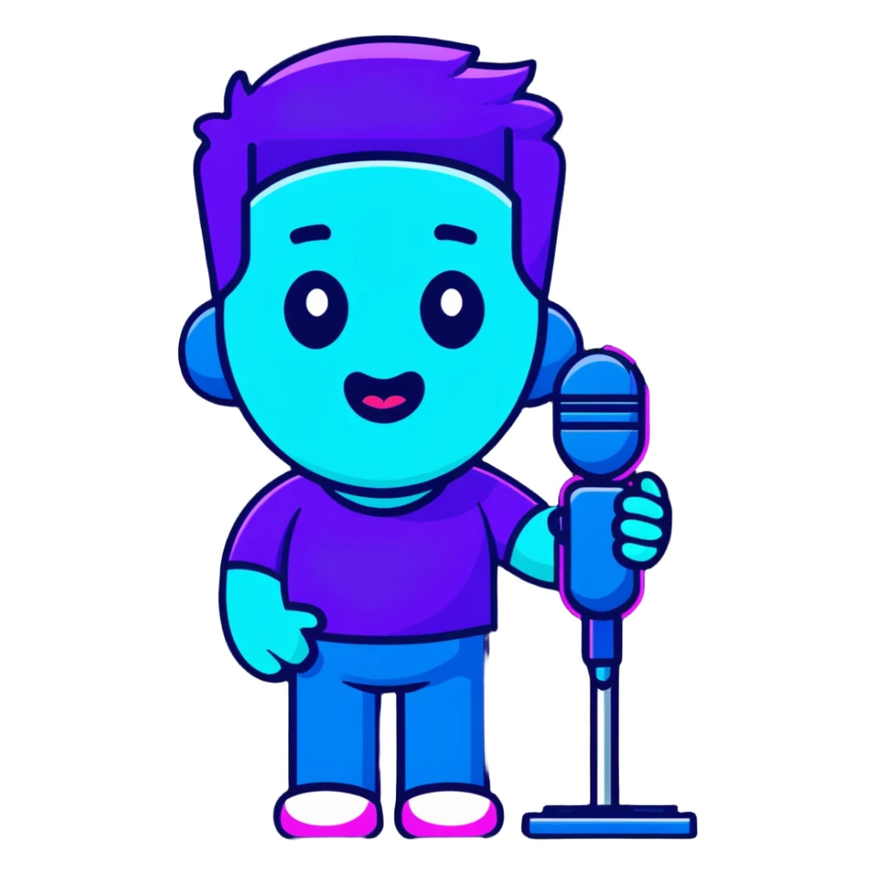 man speaking into a microphone, with neon glow effect, blue neon glow on top left, purple neon glow on bottom right sticker