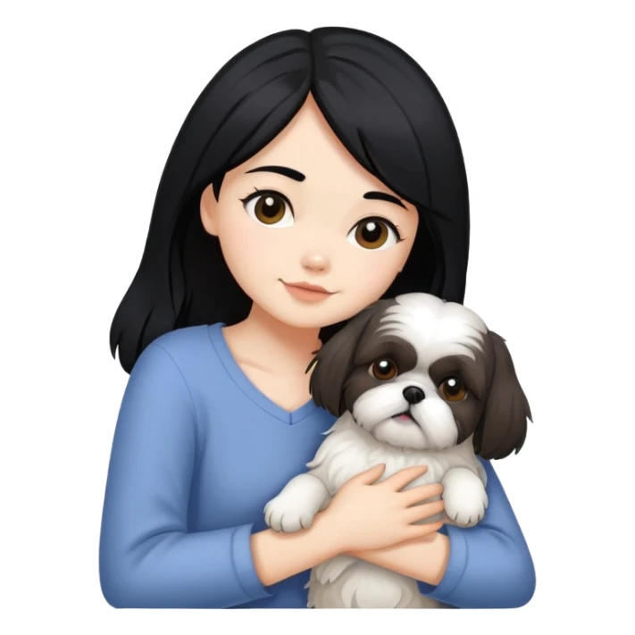 A girl with black hair hugging a Shih Tzu dog sticker