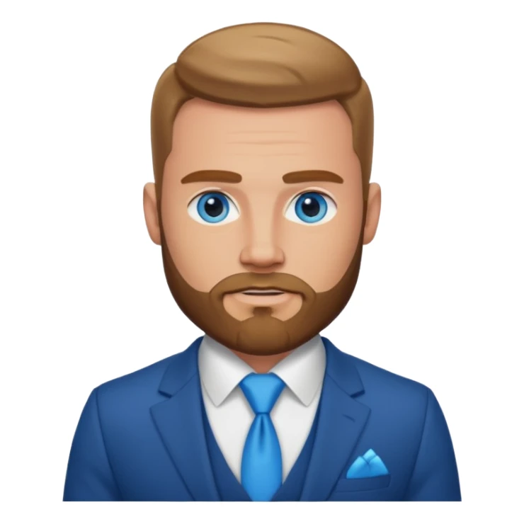 create a master of tactical finesse, a muscled white man in a bespoke suit, blue eyes with a beard sticker