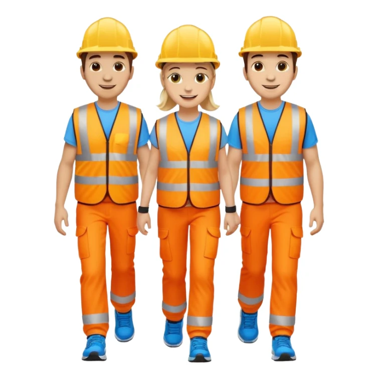 three friends walking together, each wearing a high-visibility vest, no hard hat, wearing trainers sticker