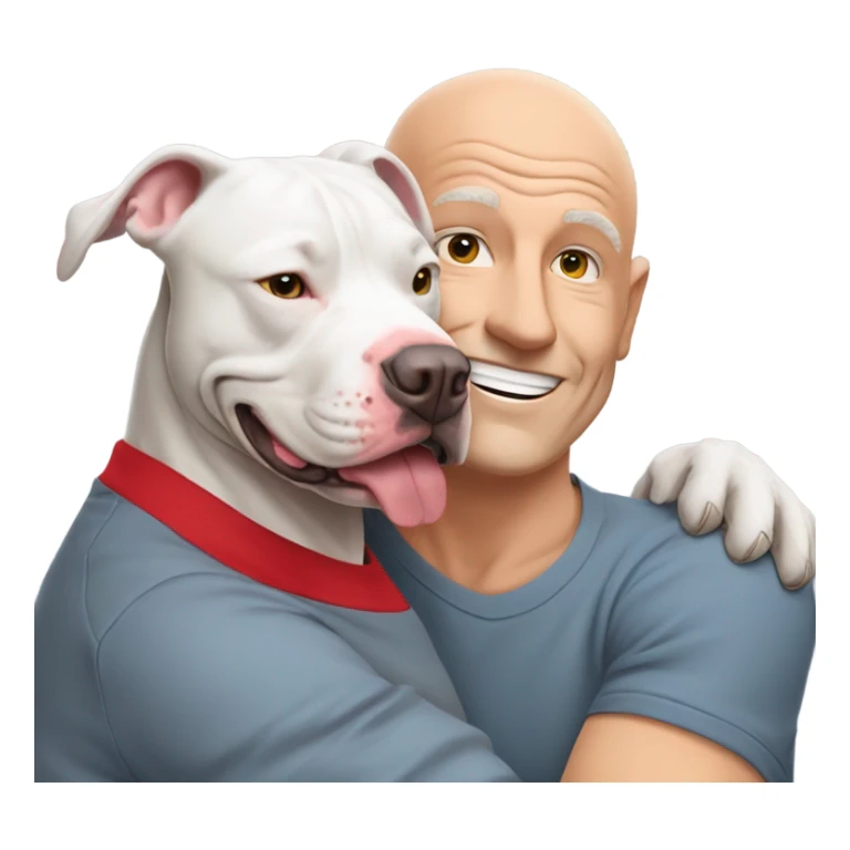 large gray male pit bull smiling and hugging bald white mature man no beard with red tshirt sticker