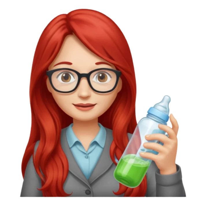 red long haired woman with glasses with baby bottle sticker