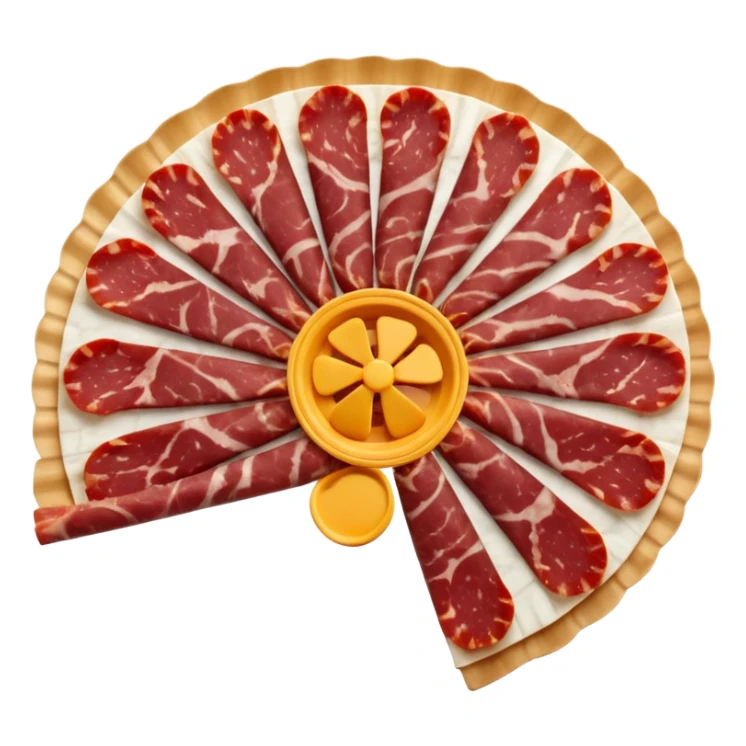 thinly sliced rounds of dry-cured pork sausage with marbled deep red meat and white fat, slightly ruffled edges, dense speckled interior, arranged in a loose overlapping fan, firm artisanal texture, soft lighting, subtle shadows, transparent background, emoji scale sticker