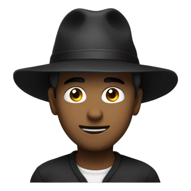 A person standing normal without any expresion and have a big black hat sticker