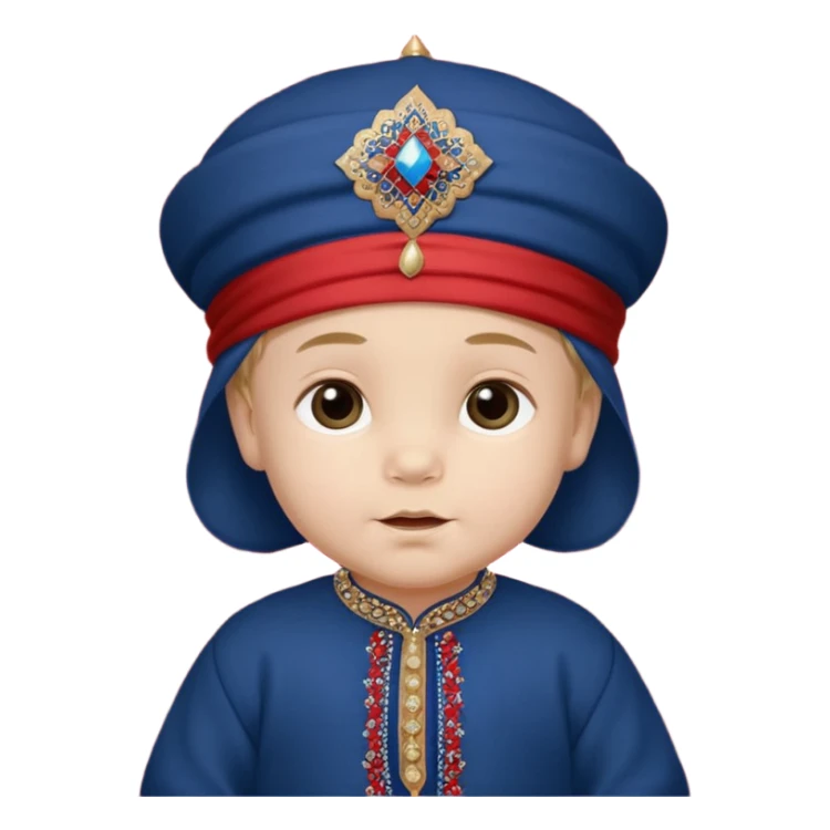  Caucasian baby boy dressed in a dark blue ghalibiya with delicate decorations with a Red Moracain hat  sticker