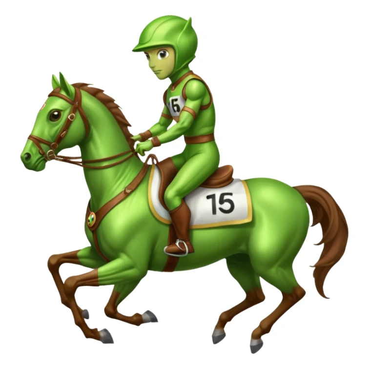 alien riding horse wearing racing cloth with number 15 sticker