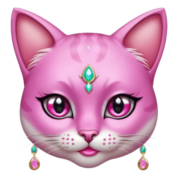 glamorous cat portrait, head and shoulders only, exaggerated pink makeup, bright eyeshadow, long eyelashes, shiny blush cheeks, sparkling face gems, glitter accents, elegant earrings, fantasy beauty style, cute 3D cartoon, mobile game icon style, clean background, no text, no watermark
 sticker