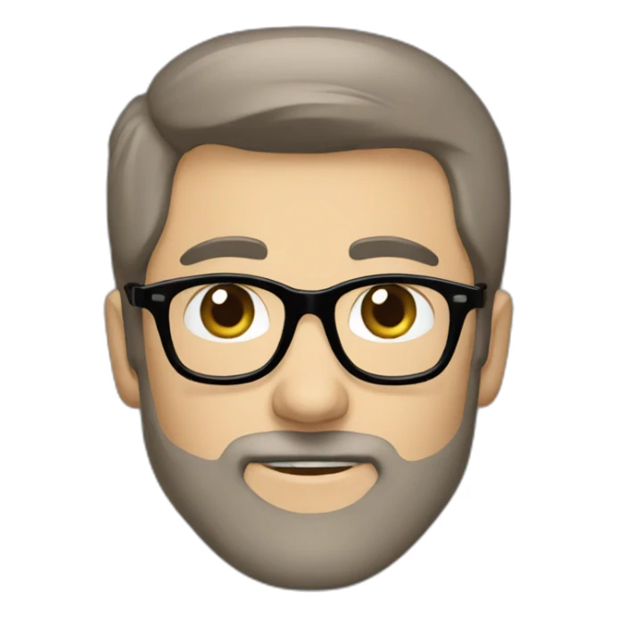 man short grey beard brown hair black glasses blue blue eyes tshirt sticker