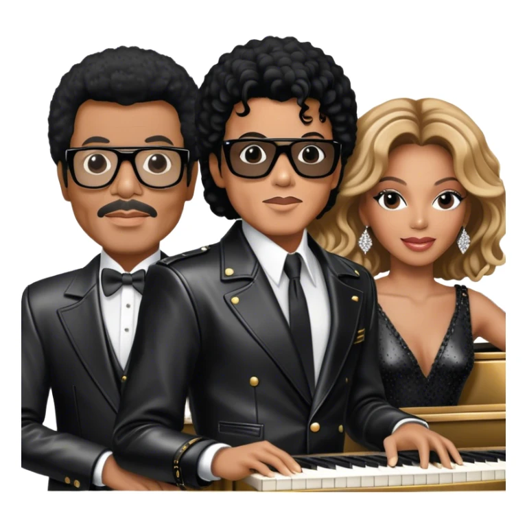 Michael Jackson in his black leather jacket, Beyoncé in a glamorous stage outfit, Lionel Richie in his classic look, Whitney Houston in her famous dress, and Ray Charles in black glasses sitting at a piano. Transparent background. sticker