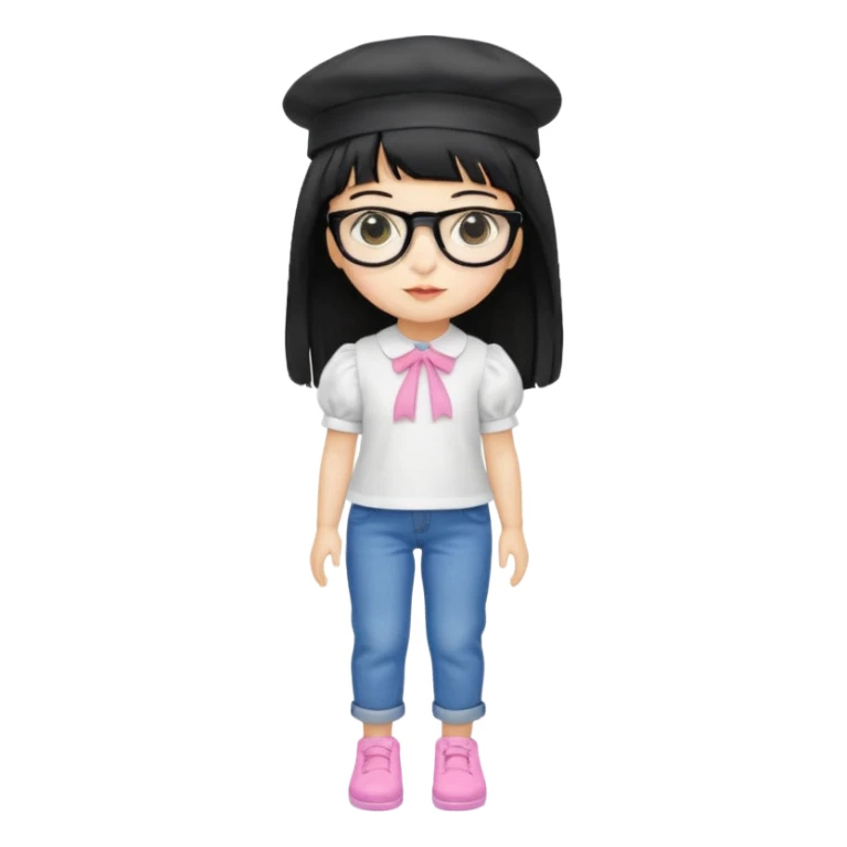 A yellow-skinned girl with long straight black hair, flat bangs, black frame glasses, a white puffy sleeve doll shirt, blue spacious jeans and pink shoes, and a black painter's hat，no yellow spikes. sticker