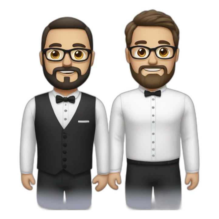two groom, one with a dark beard and glasses and the other beardless with light hair and white skin sticker