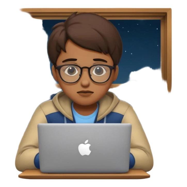 tired student with laptop, window at night behind, glasses askew, apple style emoji sticker