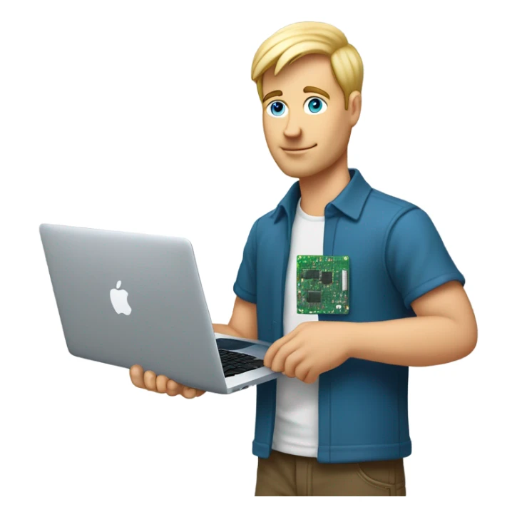 man looks 35 classes, european, tech nerd love pcb designing, blond hair shorter blue eyes behind macbook with pcb in hand  sticker
