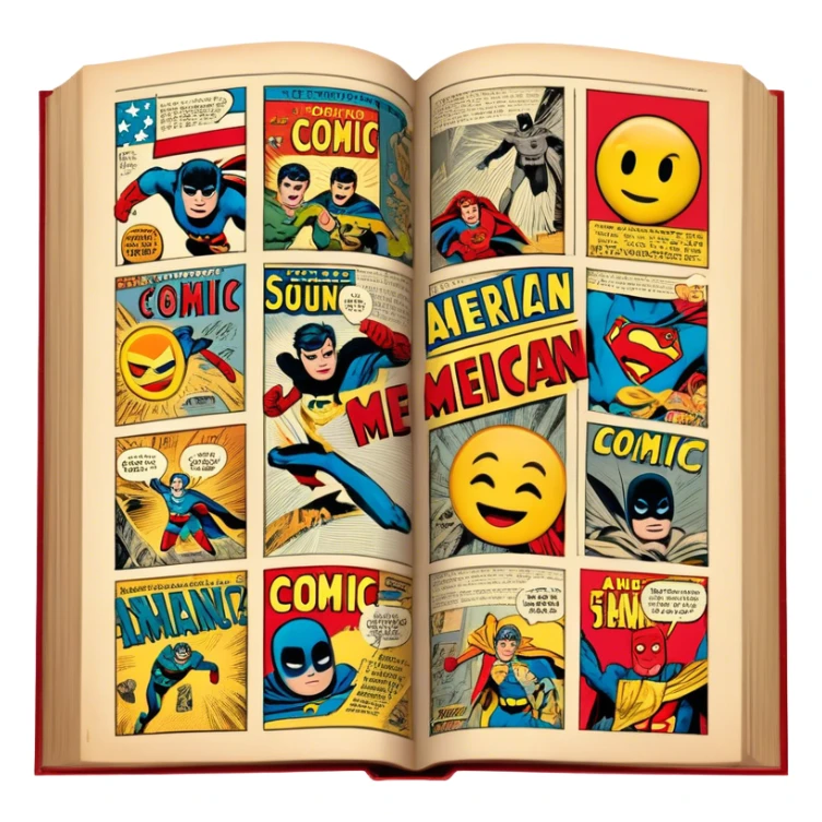 vintage-inspired emoji representing comic books and graphic novels as a storytelling art form. a large, open comic book with pages filled with classic American comic book panels. classic feel of old-school comic books a graphic novel. background transparent. No smiles! sticker