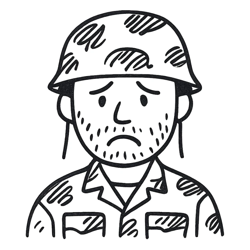 A white man with stubble in a soldier's uniform and a sad face sticker