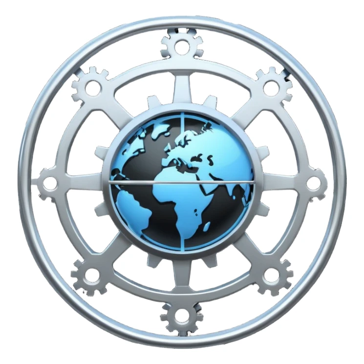 Minimal black line icon of a gear and globe, with circuit-style connected nodes, flat vector style, thin stroke, white background, representing global system configuration and connectivity. sticker